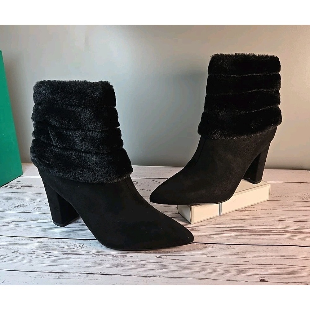 Lauren Lorraine Style Anaka Black Faux Fur Suede Ankle Bootie Sz 9.5